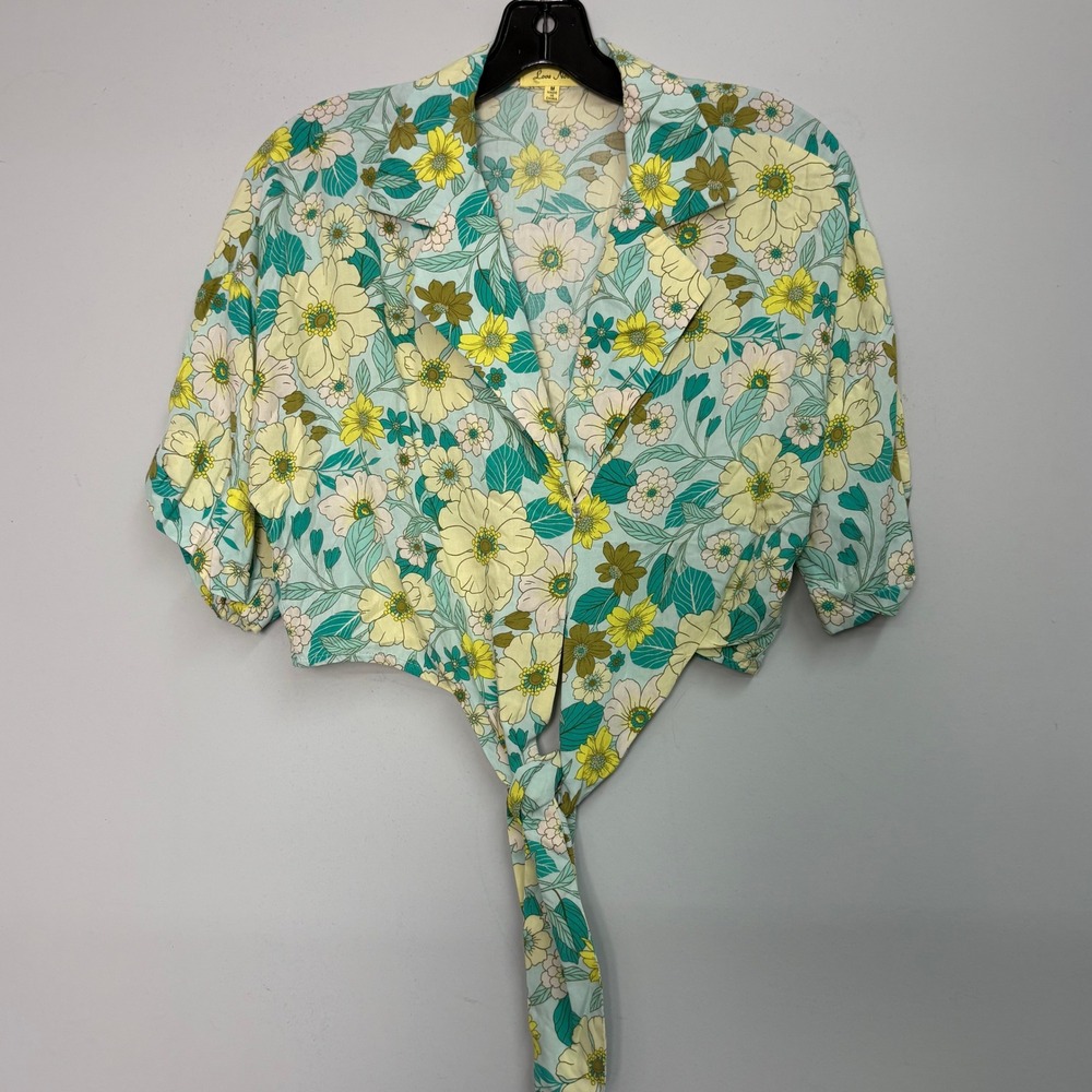Love Notes Floral Tie‎ Front Crop Top Blue Yellow Rayon Short Sleeve Blouse M